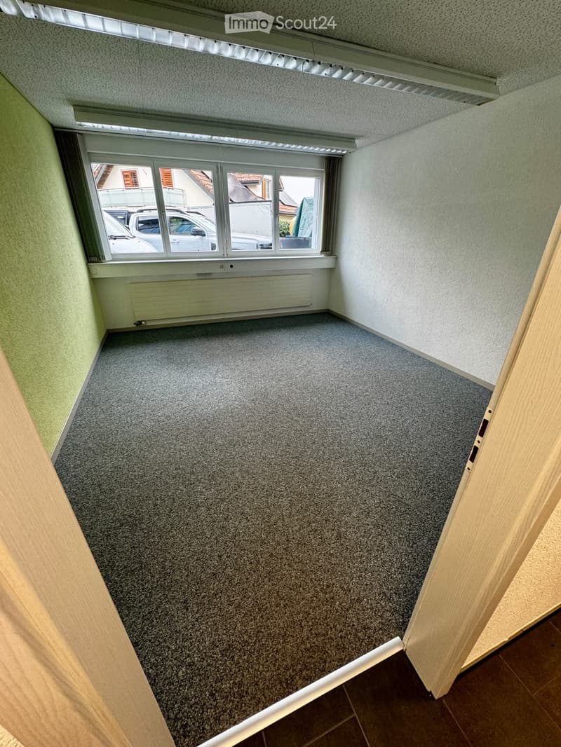 Empty room with grey carpeted floor, white walls, large window with blinds, radiator, and visible wooden door frame.