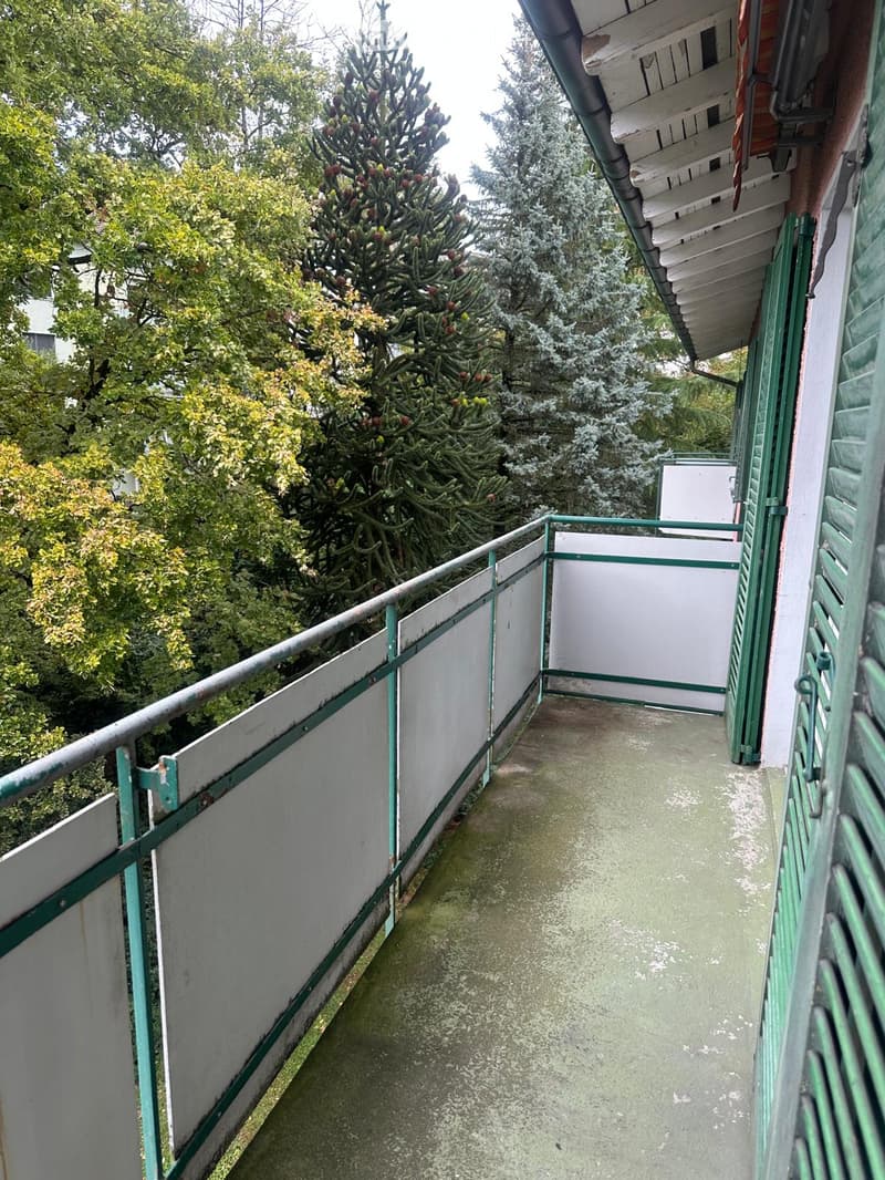 Balcony with green metal railings, white walls, and a view of surrounding trees and a building.