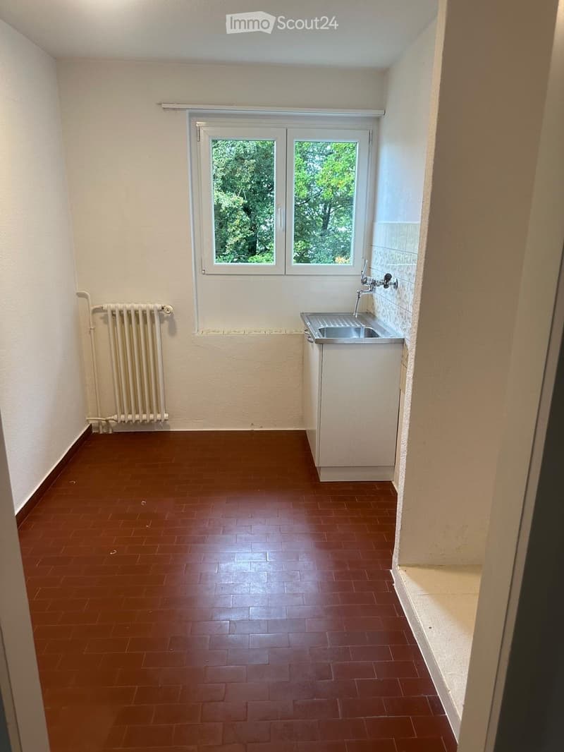 Empty room with brown tiled floor, white walls, radiator, window with double panes, and a small sink with faucet.