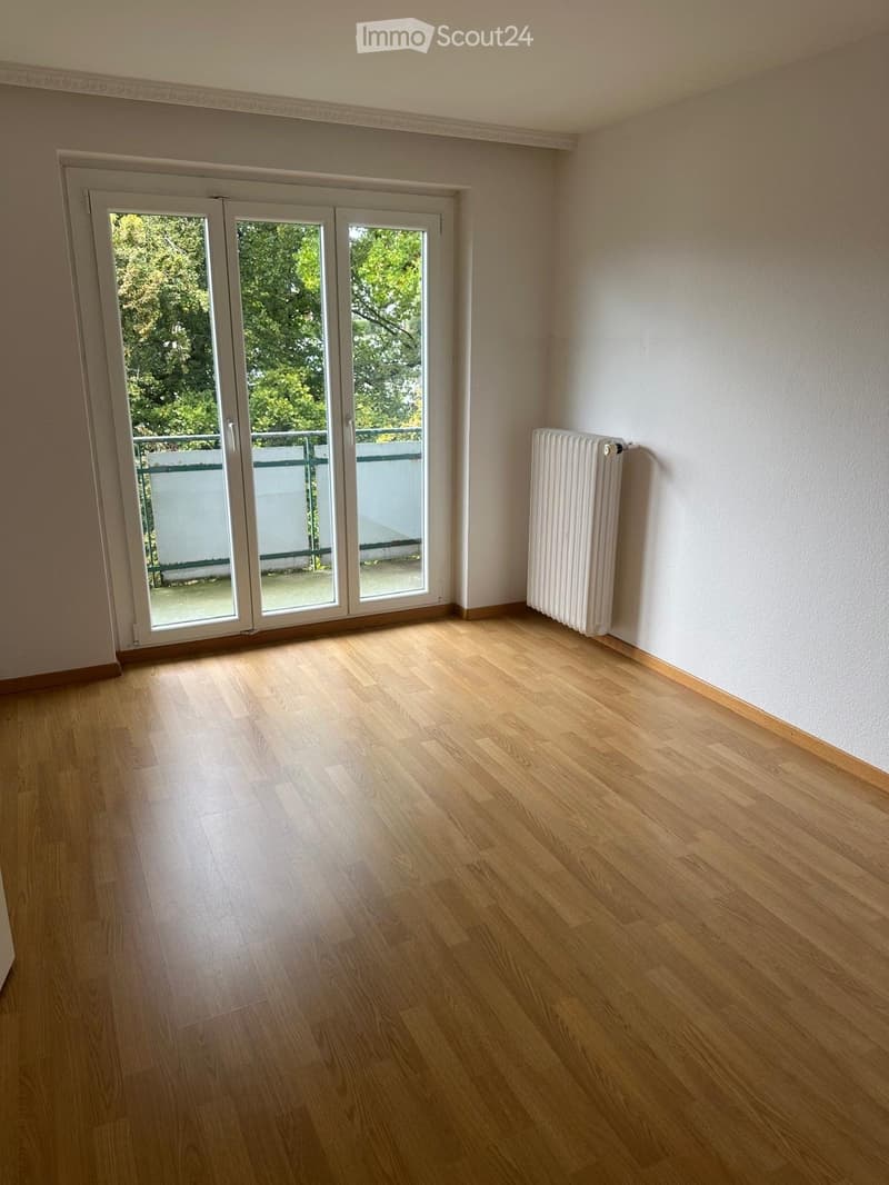 Empty room with light wooden flooring, white walls, large sliding glass doors leading to a balcony, and a radiator on one wall.