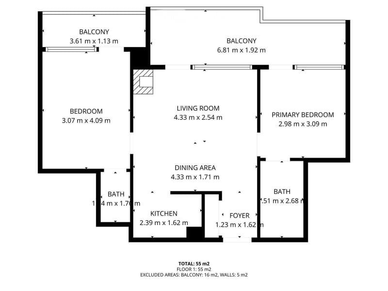 Floor plan of a 55 m² apartment with a living room, dining area, kitchen, two bedrooms, two bathrooms, and two balconies.