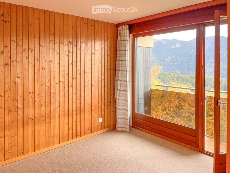 Empty room with wooden panel walls, carpeted floor, large window with striped curtains, and a scenic mountain view.