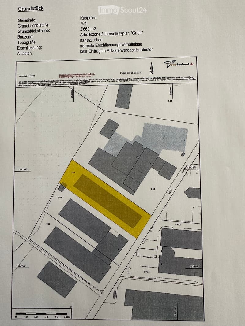 Plot map showing a 2,660 m² land parcel in Kapellen, designated as an industrial zone with flat topography and normal access conditions. No entries in the encumbrance register.