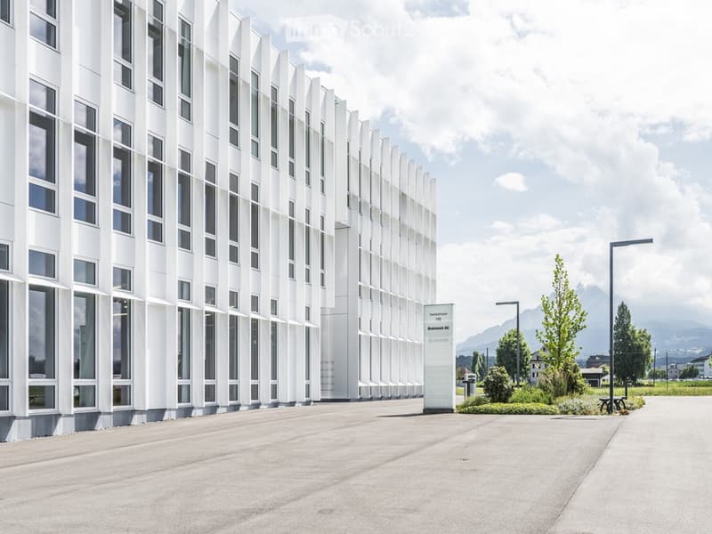 Modern white multi-story building with large windows and geometric facade, surrounded by a paved area with street lamps and greenery.