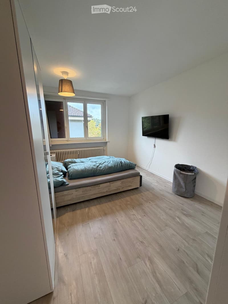 Cozy bedroom with wooden flooring, a bed with blue bedding, a wall-mounted TV, a ceiling lamp, and a radiator under the window.