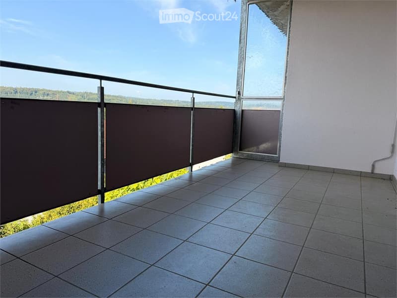 Balcony with tiled floor, metal railing, and sliding glass door leading to the interior. The view shows a green landscape under a clear blue sky.