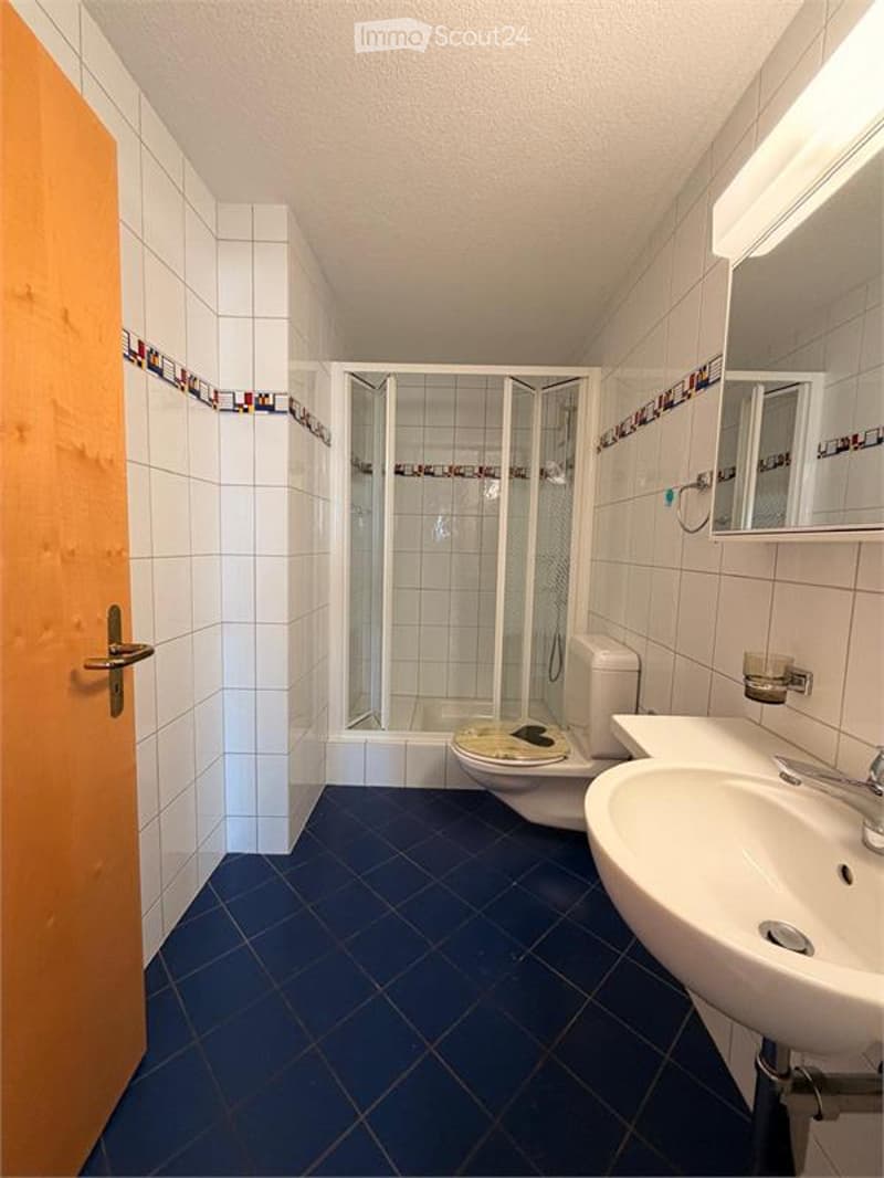 Modern bathroom with white tiled walls, blue diamond-patterned floor tiles, a toilet, a sink with a mirror, and a glass-enclosed shower stall.