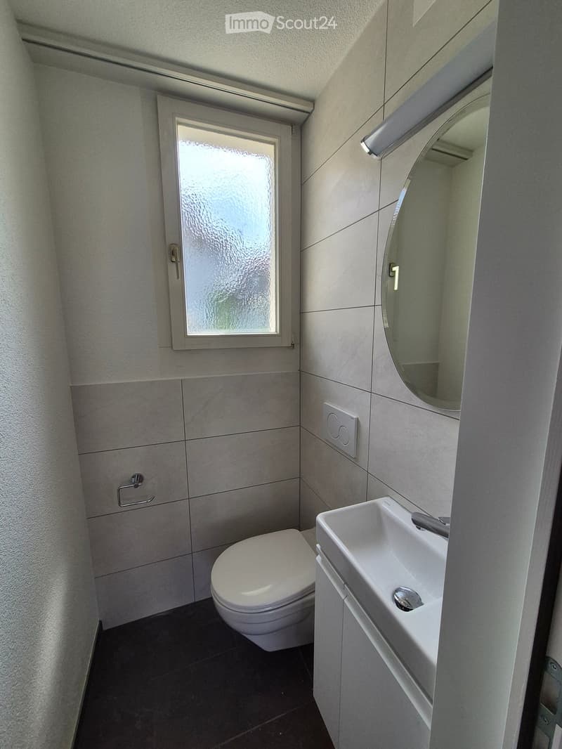 Modern bathroom with white tiles, a toilet, a sink with a mirror, and a frosted window.
