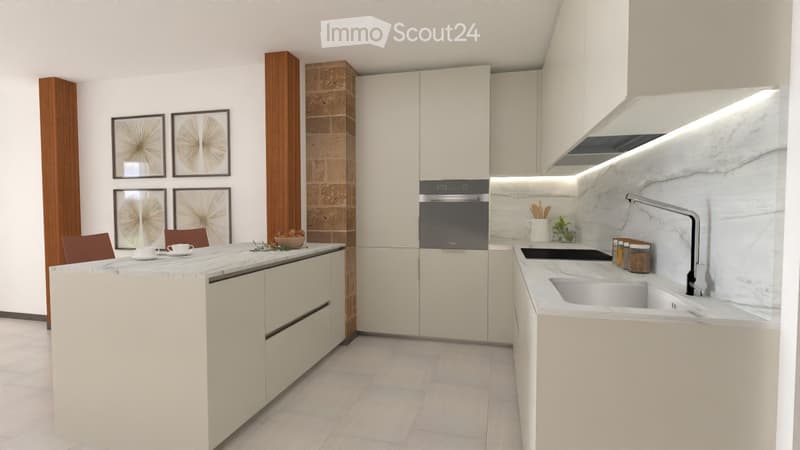 Modern kitchen with white cabinets, marble countertops, island, sink, oven, and decorative framed art on the wall.