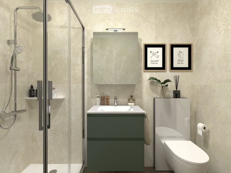 Modern bathroom with beige tiled walls, a dark green vanity cabinet, a white sink, a toilet, a glass-enclosed shower, and decorative framed art.