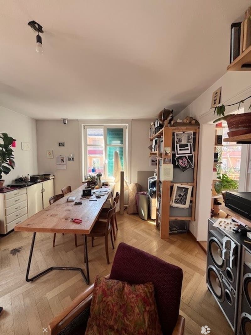Bright, open-plan living and dining area with wooden flooring, large window offering a view, dining table with chairs, kitchen cabinets, shelves with various items, speaker system, and potted plants.