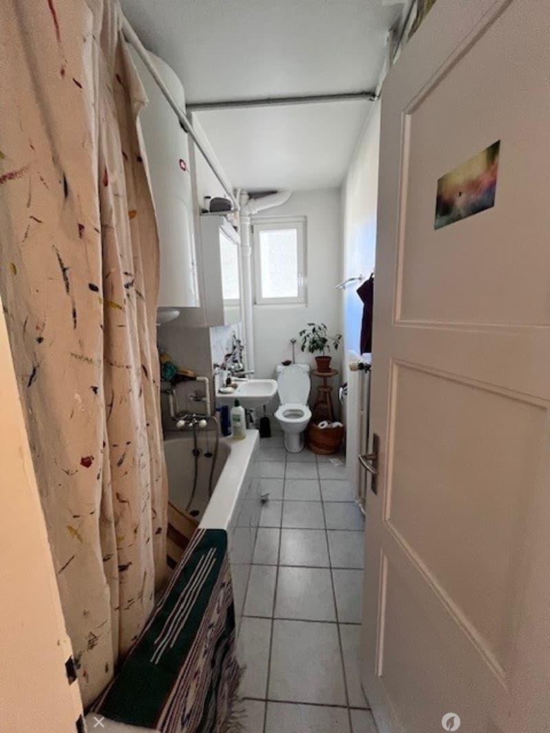 Small bathroom with a bathtub, toilet, sink, and a small window. A shower curtain is visible, along with a plant on a stool near the toilet.