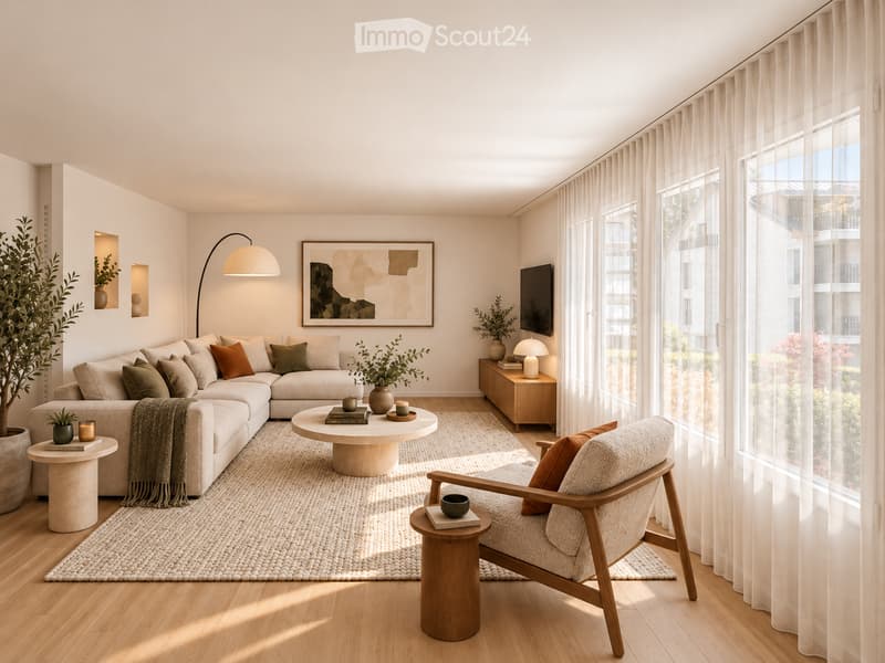 Modern living room with large windows, light-colored sofa, coffee table, armchair, side table, floor lamp, table lamp, television, and decorative plants.