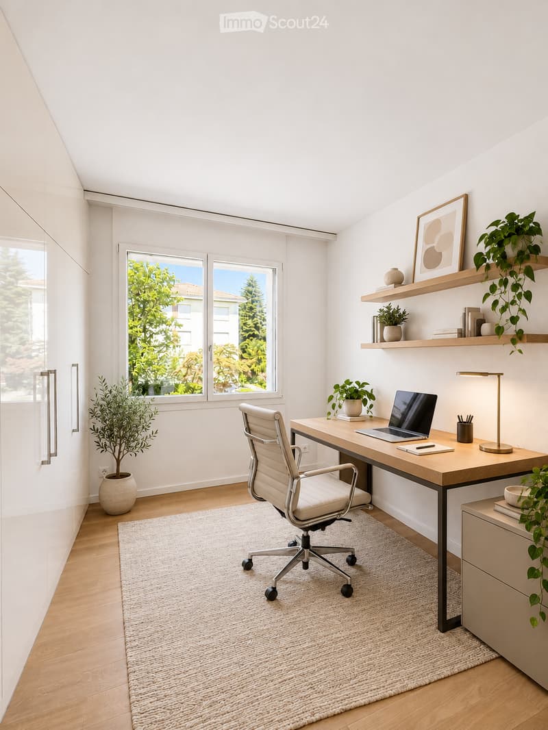 Modern, well-lit home office with a wooden desk, ergonomic chair, laptop, floor lamp, and decorative plants on shelves and the floor.