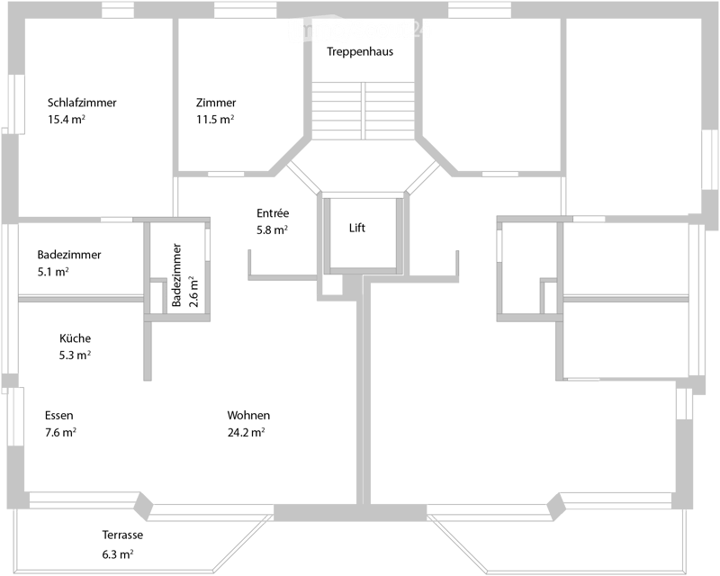 Floor plan showing a multi-level layout with rooms labeled in German: Wohnzimmer (living room), Schlafzimmer (bedroom), Badezimmer (bathroom), Küche (kitchen), Essen (dining), Terrasse (terrace), Treppehaus (staircase), and Lift (elevator).