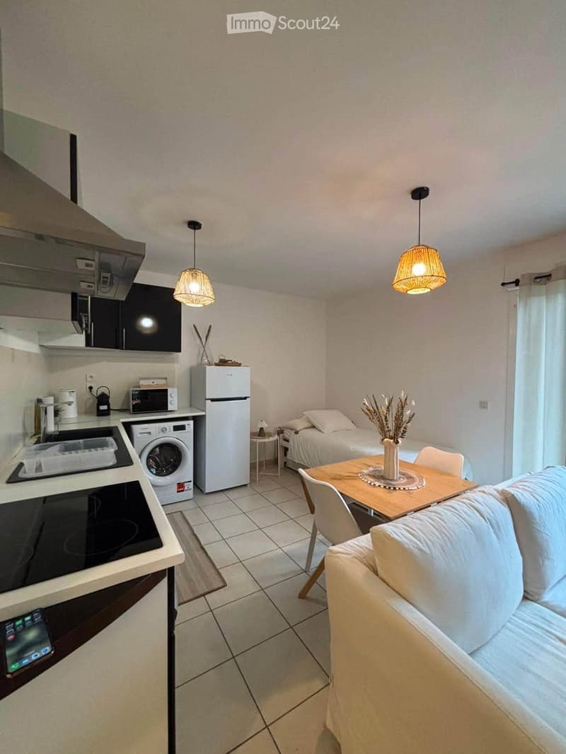 A compact, well-lit studio apartment with a combined living and sleeping area. Features include a sofa, small dining table with chairs, a bed, a refrigerator, washing machine, microwave, and a kitchen island with an oven. The space is decorated with a vas