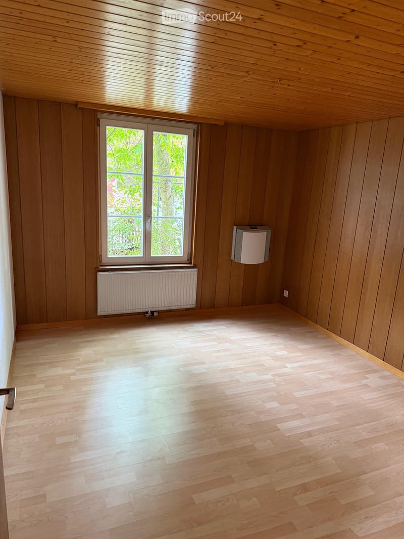 Empty room with wooden walls, wooden ceiling, and light wooden flooring. Features a window with a view of greenery, a radiator, and a small white appliance on the wall.