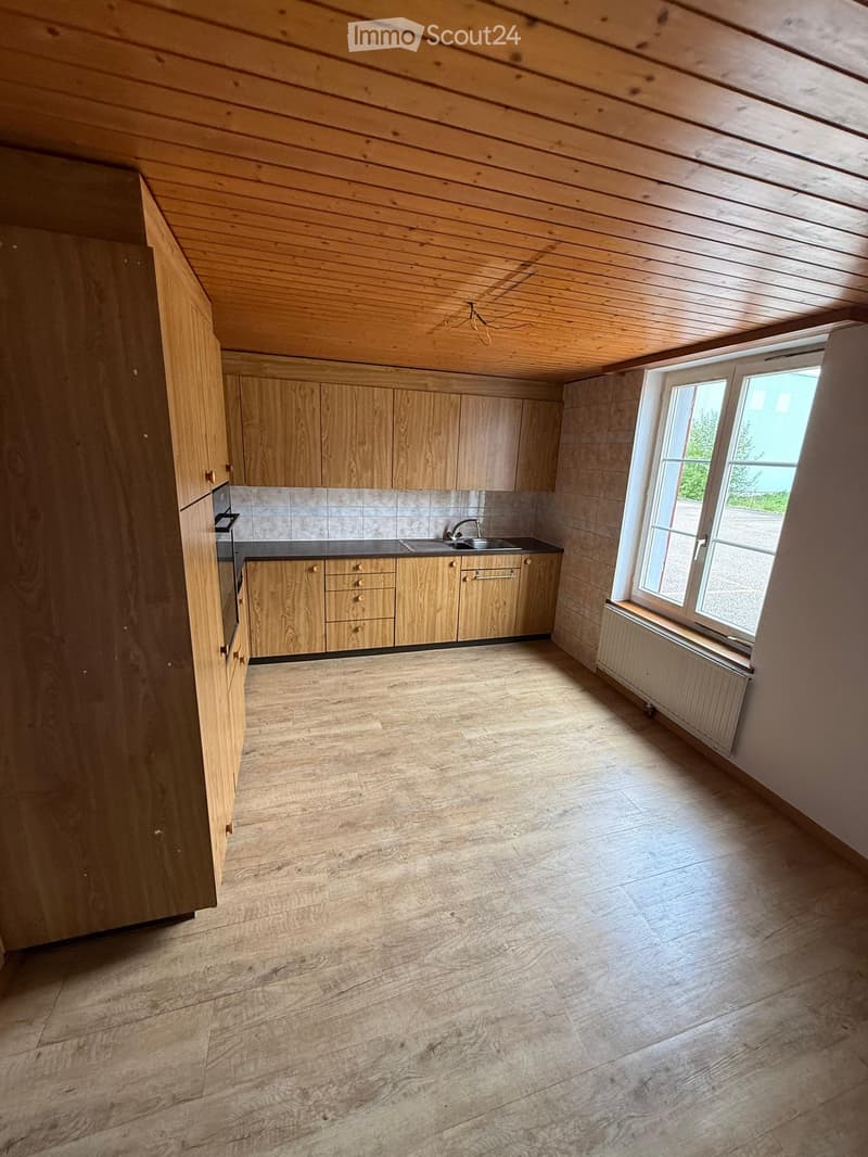 Empty kitchen with wooden cabinets, a sink, and a window letting in natural light. The floor is made of light-colored wood.