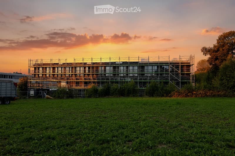 A multi-story building under construction, covered in scaffolding, with a grassy field in the foreground and a sunset sky in the background.
