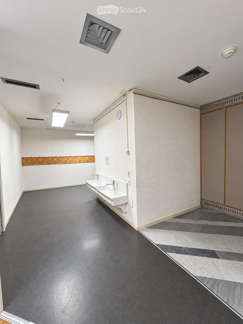 Clean, modern hallway with white walls, dark flooring, two white sinks mounted on the wall, a coat rack with hooks, and a closed wooden door at the end.