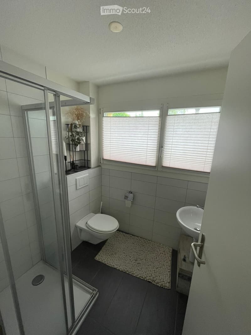 Modern bathroom with a toilet, sink, shower, and a small towel rack with a flower arrangement. The room features tiled walls and a small white rug in front of the toilet.