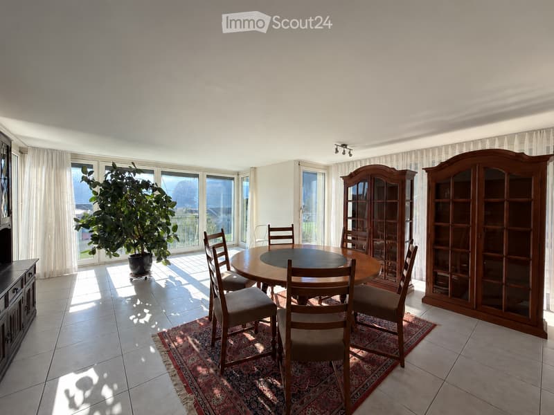 Brightly lit dining room with a round wooden dining table surrounded by six chairs, two wooden cabinets with glass doors, large windows with white curtains, and a potted plant near the window.