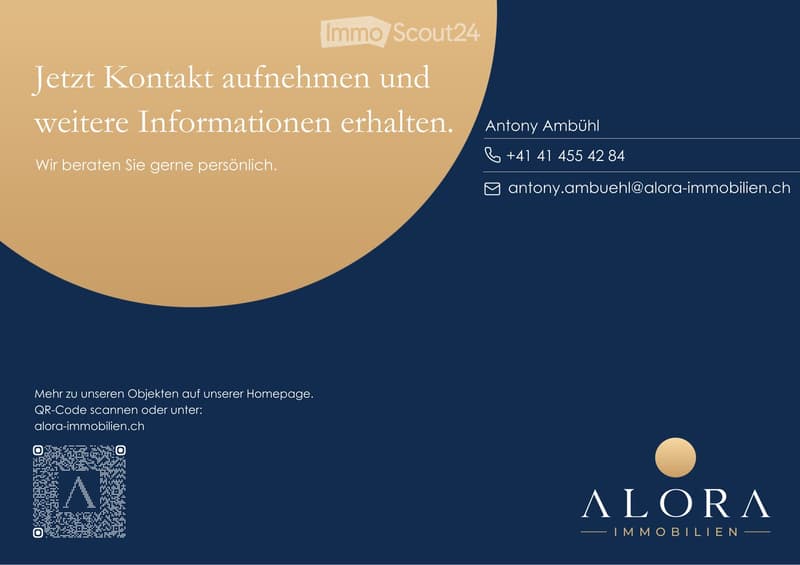 Business card for real estate agent Antony Ambühl, featuring contact details, QR code, and logo of Alora Immobilien.