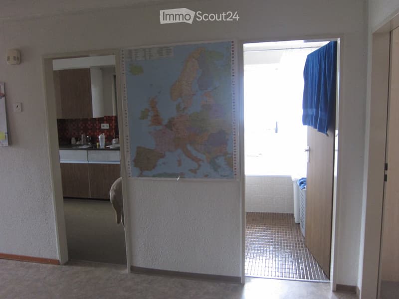 A narrow hallway with a large map of Europe on one wall, leading to a kitchen and a bathroom. The kitchen has wooden cabinets and a sink, while the bathroom has a tiled floor and a towel hanging on the door.