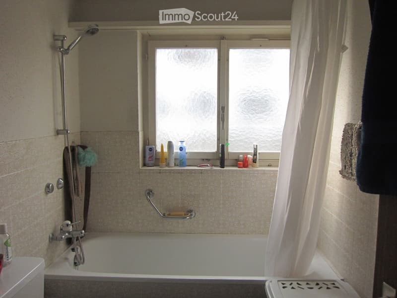 Bathtub with a handheld showerhead and a handrail, a window with frosted glass, and various bathroom products on the windowsill.