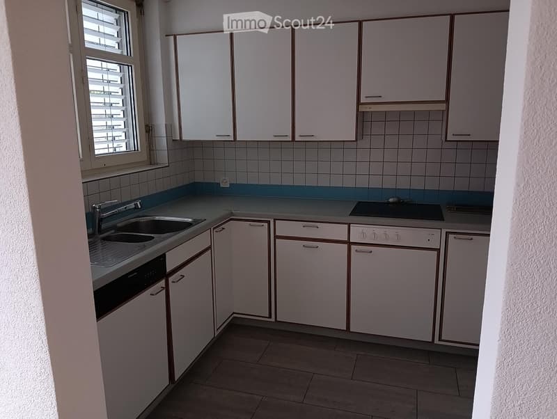A compact kitchen with white cabinets, a double sink, a dishwasher, and a tiled backsplash. The space is well-lit with natural light from a window on the left side.