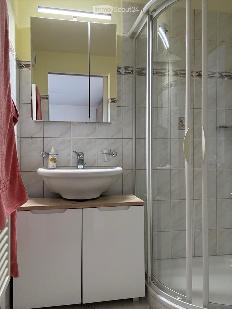 Modern bathroom with a white sink, mirror, and a glass-enclosed shower. The sink has a wooden countertop and a small cabinet below. A towel hangs on the left side.