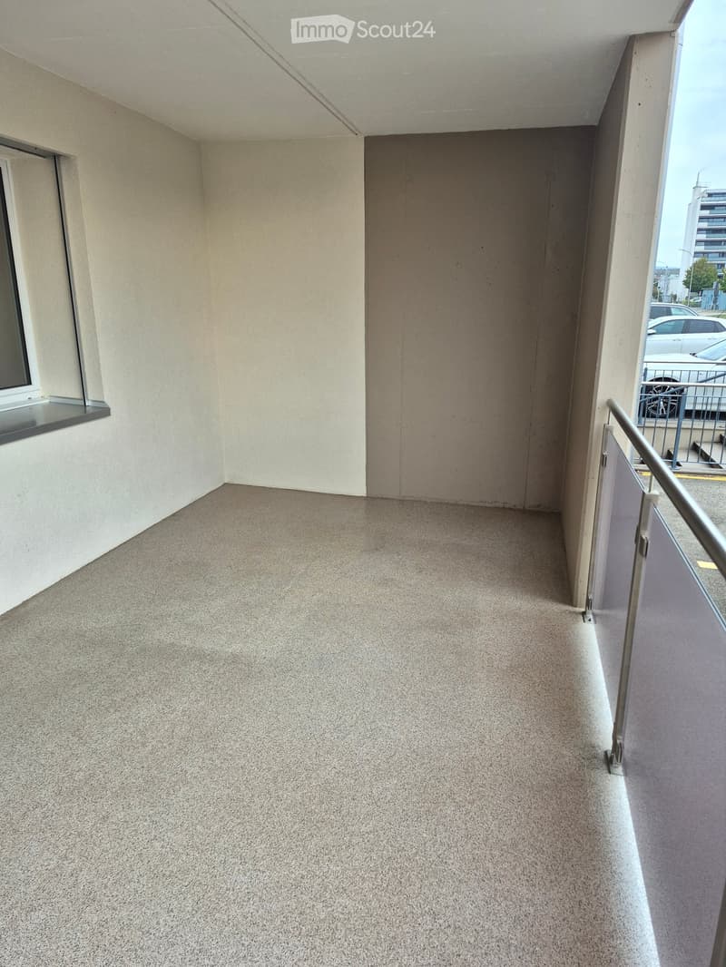 Empty balcony with carpeted floor, white walls, and a metal railing leading to a parking area.