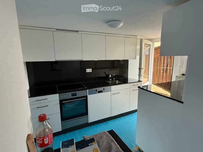 Modern kitchen with white cabinets, black countertops, and stainless steel appliances. Features an oven, dishwasher, and sink. A Coca-Cola bottle and a tea box are on the counter.
