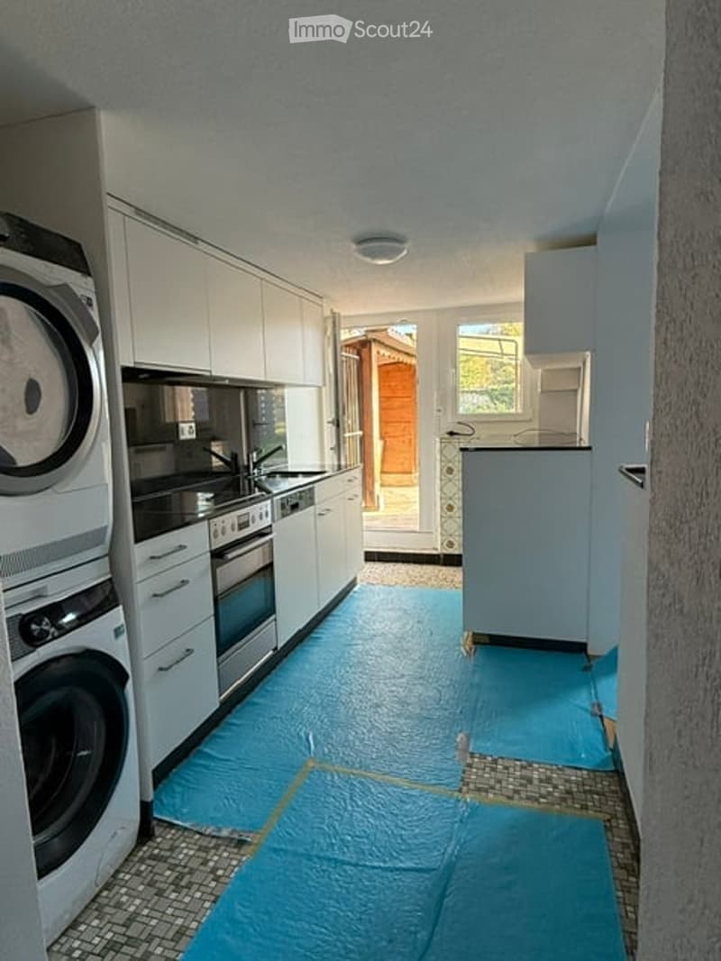 Modern kitchen with white cabinets, stainless steel appliances, and a blue-painted floor. Includes a washing machine, dishwasher, oven, and sink.