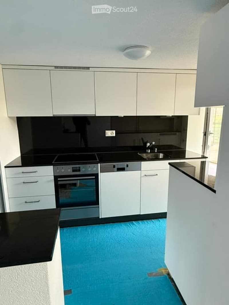 Modern kitchen with white cabinets, black countertops, stainless steel appliances, and a bright blue floor.