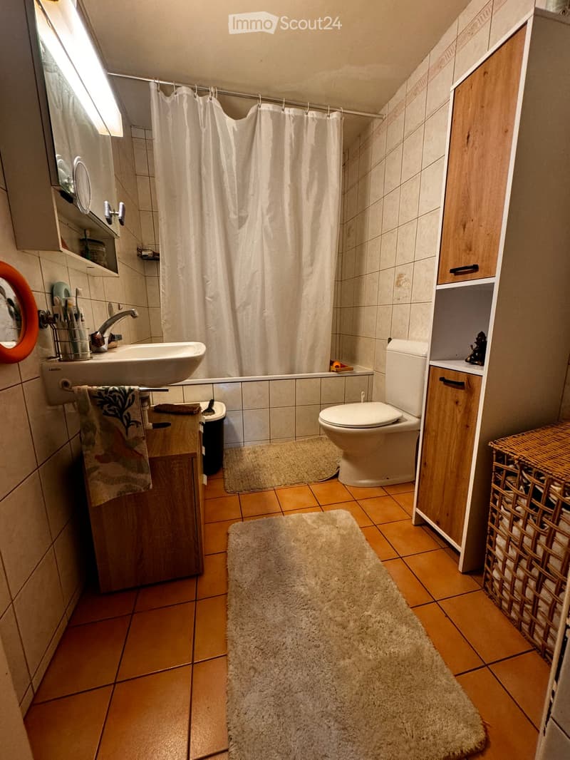 Bathroom with a sink, toilet, mirror, wooden cabinet, towel, shower curtain, and two rugs on the floor.
