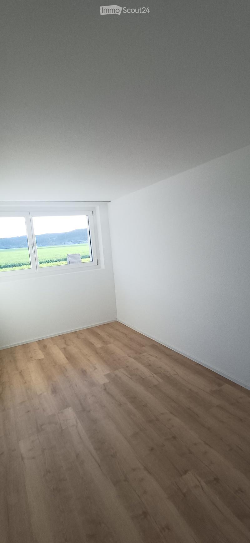 Empty room with light wooden flooring and white walls, featuring a large window with a view of a green field and mountains.