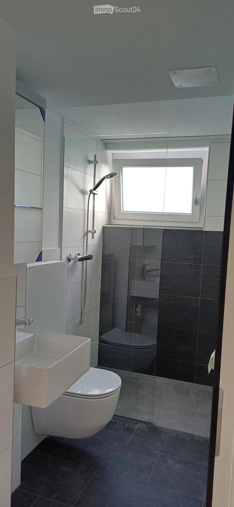 Modern bathroom with a white sink, toilet, glass-enclosed shower, and a window providing natural light.