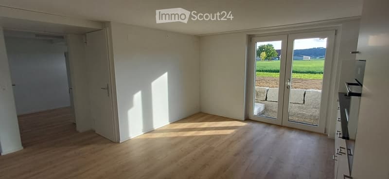 Empty room with wooden flooring, white walls, and large glass sliding doors leading to an outdoor area.