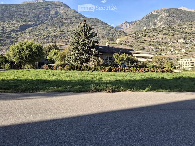 A rural road leading up to a house surrounded by greenery, with mountains in the background.