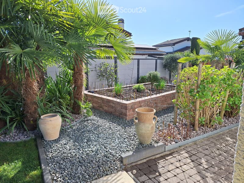 Well-maintained garden with palm trees, decorative vases, gravel pathways, and a brick planter box.