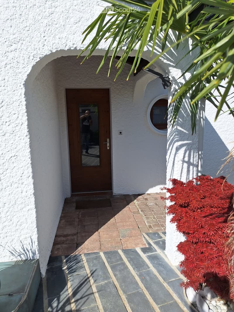 Entrance area with a wooden door, white textured walls, a small round window, and a red plant in a pot on the right side.