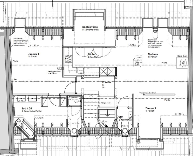 Floor plan showing a kitchen, living area, two bedrooms, bathroom, hallway, and a rooftop terrace.