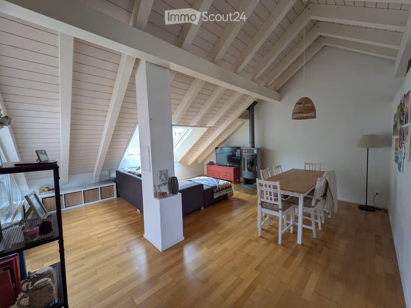 Bright, open living space with wooden floors, exposed wooden beams, and skylights. Features a sofa, dining table with chairs, television, fireplace, and decorative shelf.