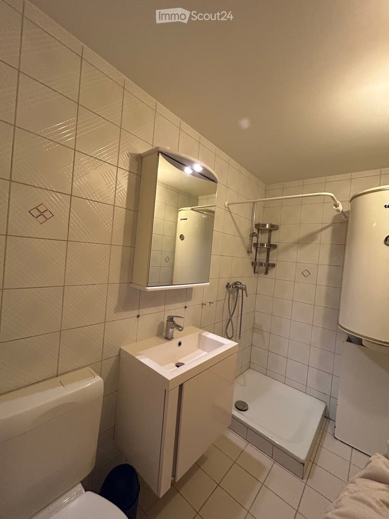 white tiled walls, white sink, white toilet, shower stall, white cabinet, mirror, water heater