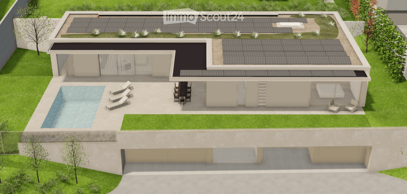 3D rendering of a modern house with a swimming pool, outdoor seating, and a rooftop terrace with solar panels and lounge chairs.