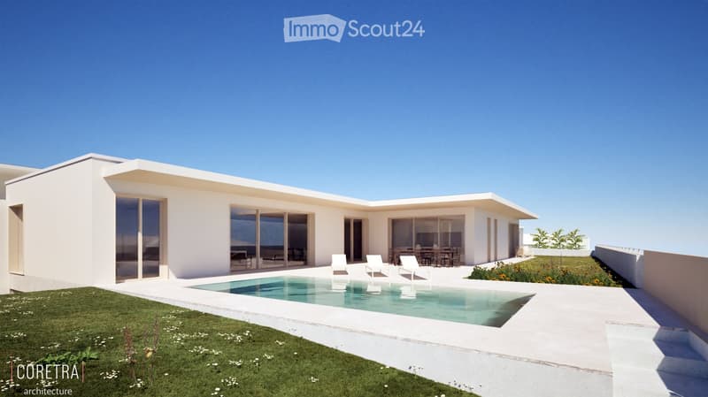 Modern white house with large glass windows, a swimming pool, and outdoor seating area.