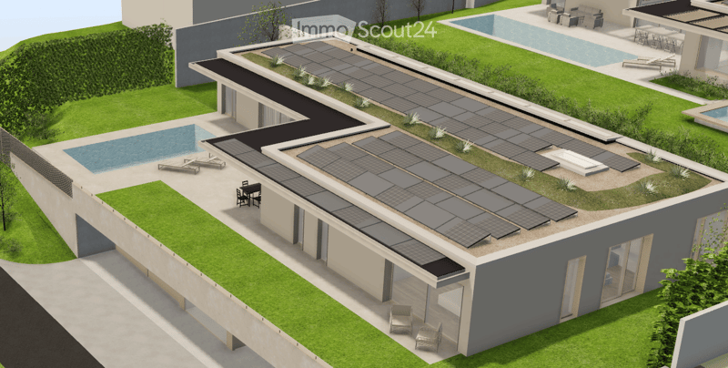 Modern house with a rooftop terrace featuring solar panels, a swimming pool, and outdoor seating areas.