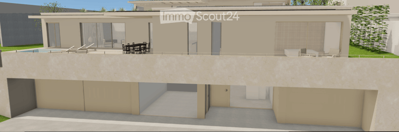 Modern two-story house with a swimming pool, outdoor seating area, and garage. The upper level features large windows and a spacious terrace.
