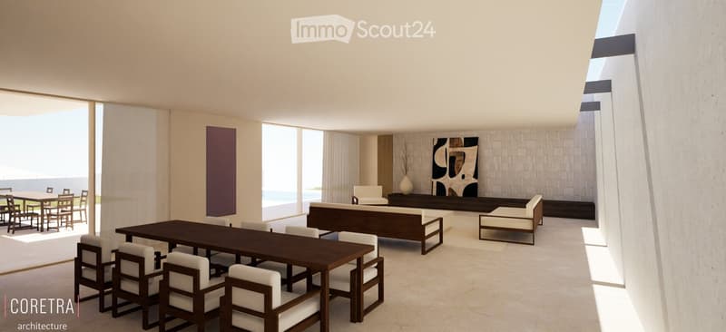 Modern living and dining area with large windows offering a view, featuring a sofa, dining table with chairs, and a decorative vase.
